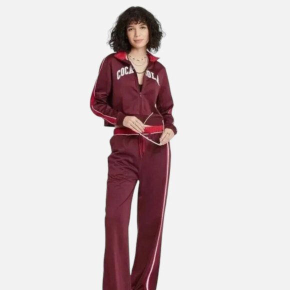 Coca-Cola Juniors Burgundy Crop Track Suit Stripe Retro Y2K XL Pants and XXL Top - Picture 1 of 16